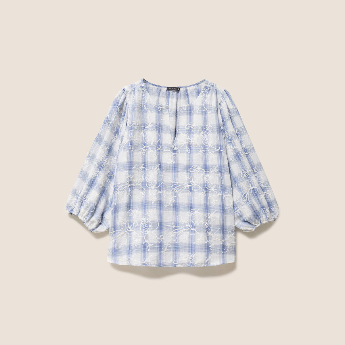 Blouse col tunisien manches 3/4 bleu femme