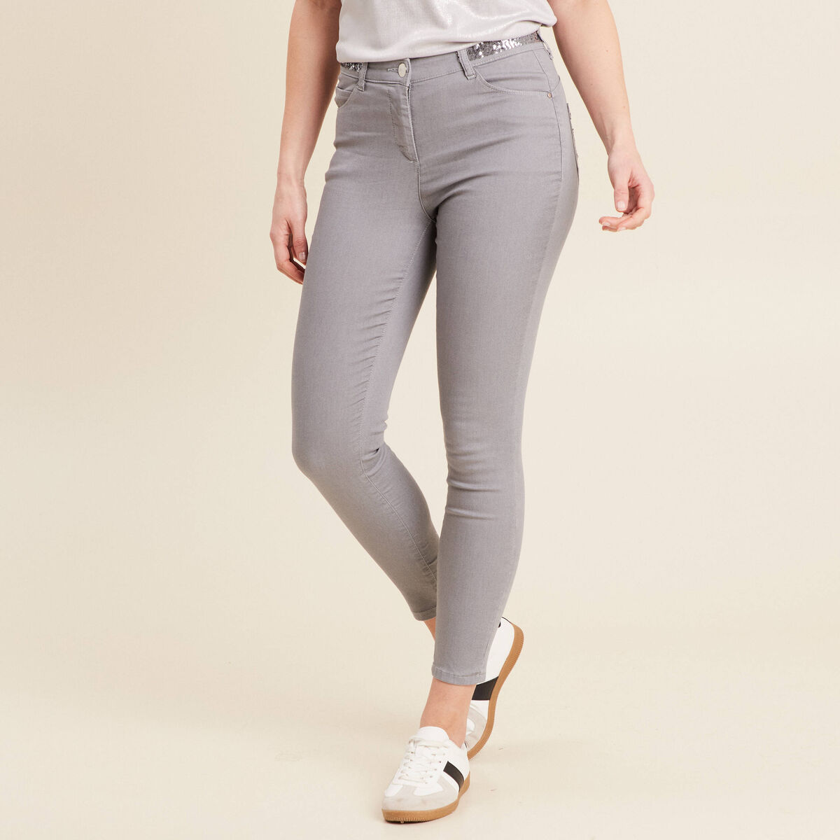 Pantalon ajusté sequins denim gris clair femme