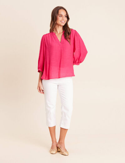 Blouse ample col tunisien manches 3/4 rose fushia femme