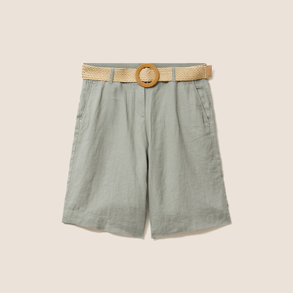 Bermuda large taille haute aspect lin vert clair femme