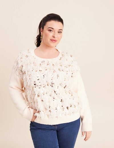 Pull col rond manches longues doubl&eacute; ecru femme
