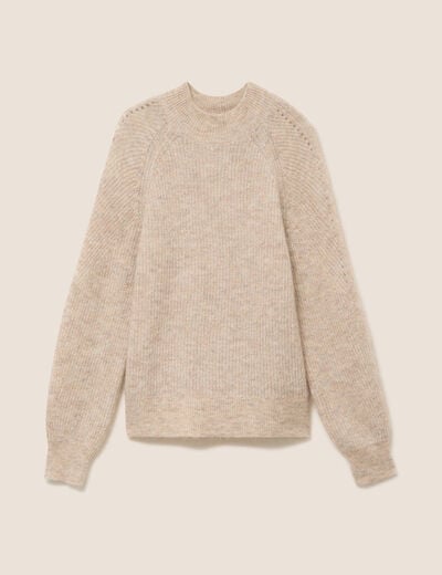 Pull droit col montant manches longues beige femme