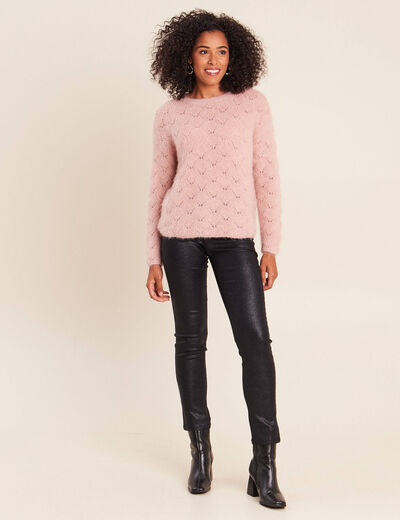 Pull ajour&eacute; col rond vieux rose femme