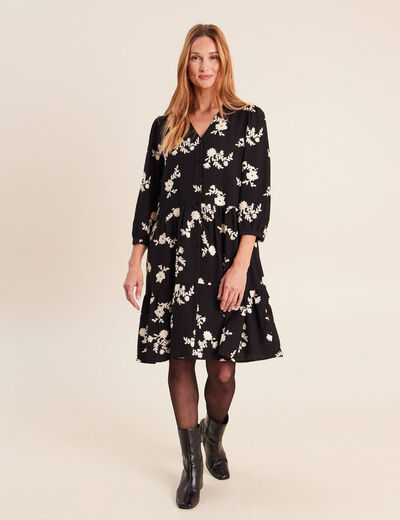 Robe courte &eacute;vas&eacute;e col v manches 3/4 noir femme