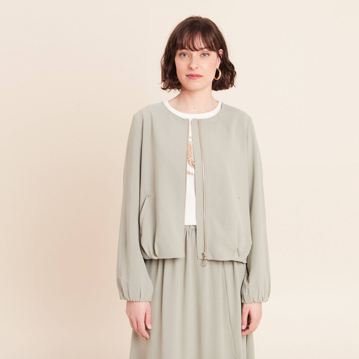 Veste fluide manches longues doubl&eacute;e vert clair femme