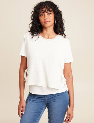 Pull col rond manches courtes ecru femme