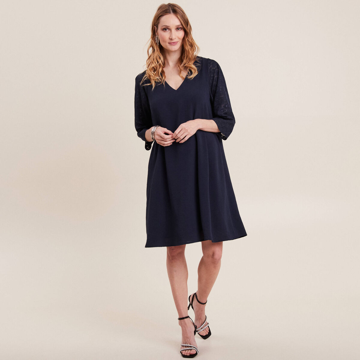 Robe évasée manches 3/4 bleu marine femme