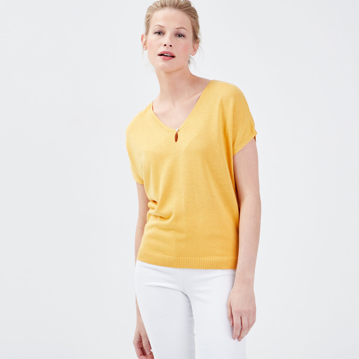 Pull manches courtes jaune moutarde femme