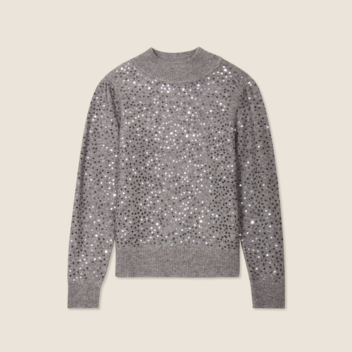 Pull manches longues sequins gris clair femme