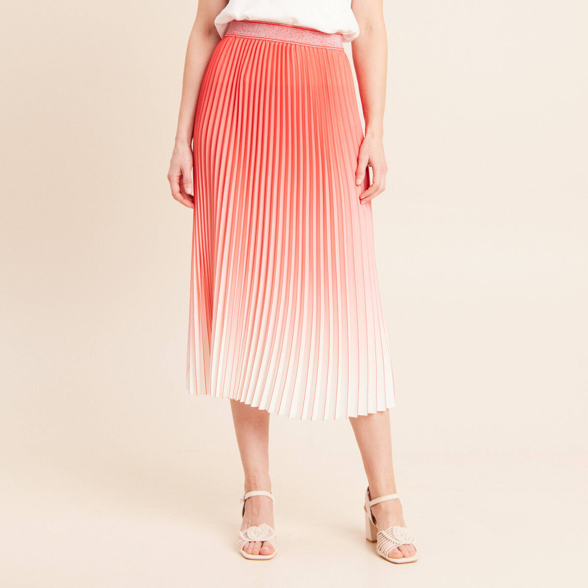 Jupe midi patineuse pliss&eacute;e rose vif femme