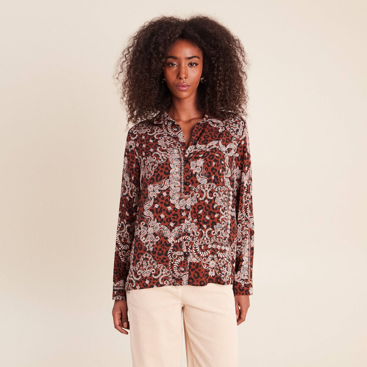 Chemise fluide manches longues marron femme