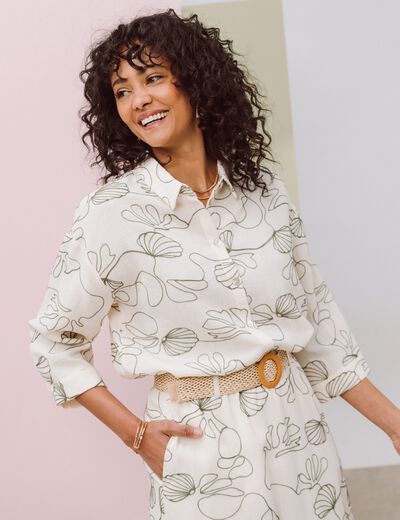 Chemise broderie col chemise manches 3/4 vert femme
