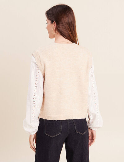 Gilet bi-mati&egrave;re col rond ivoire femme