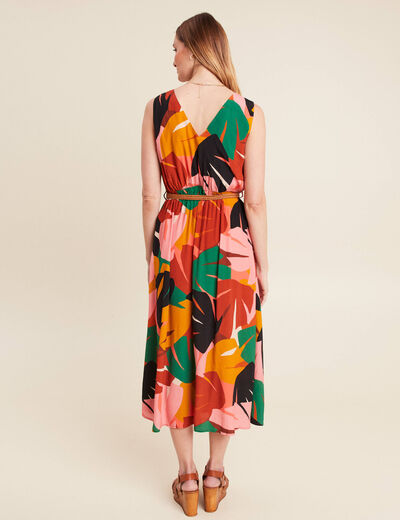 Robe midi évasée ceinturée multicolore femme