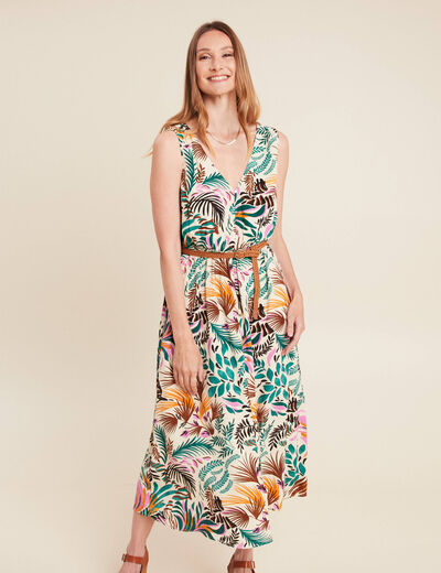 Robe midi évasée ceinturée multicolore femme