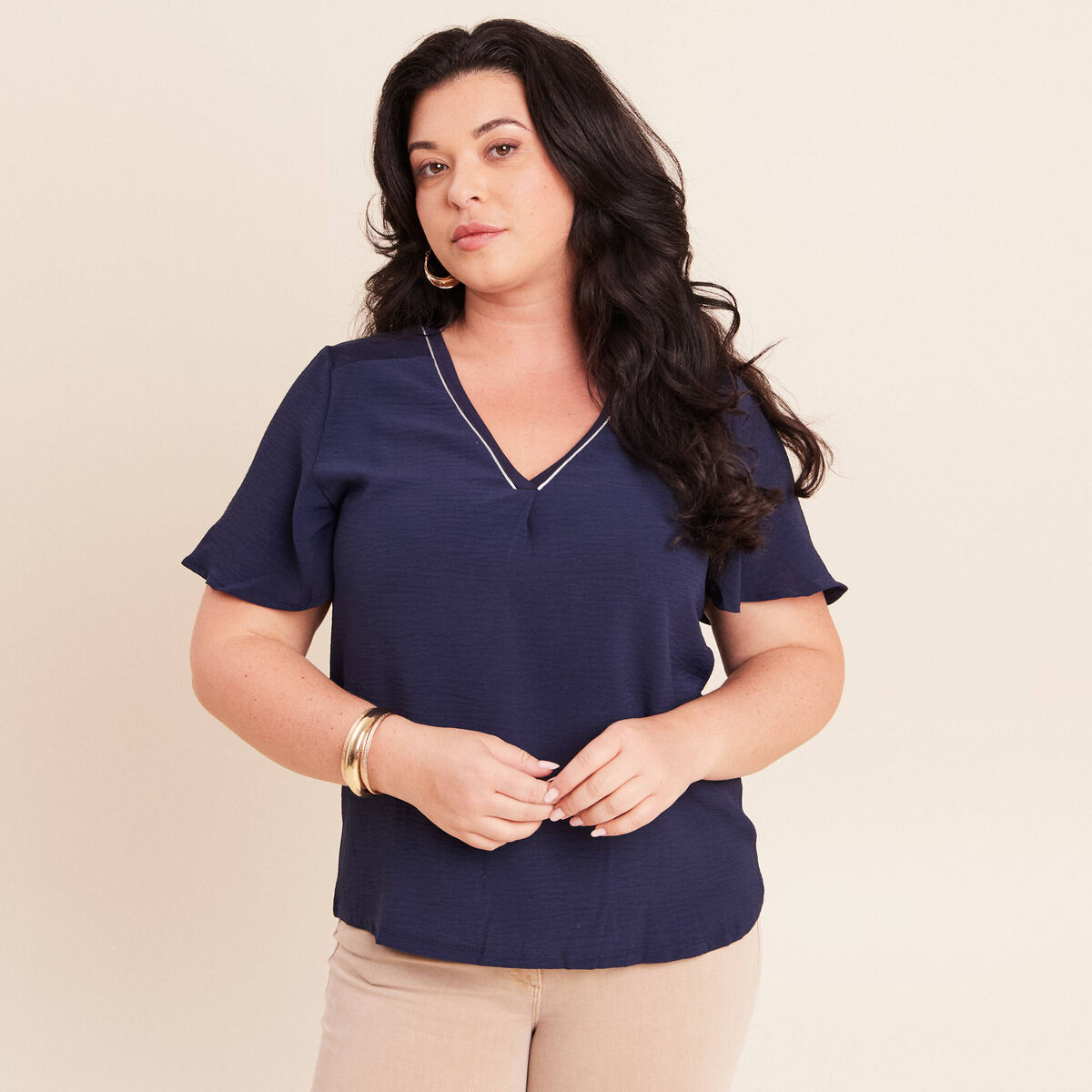 T-shirt bi-mati&egrave;re manches courtes bleu marine femme