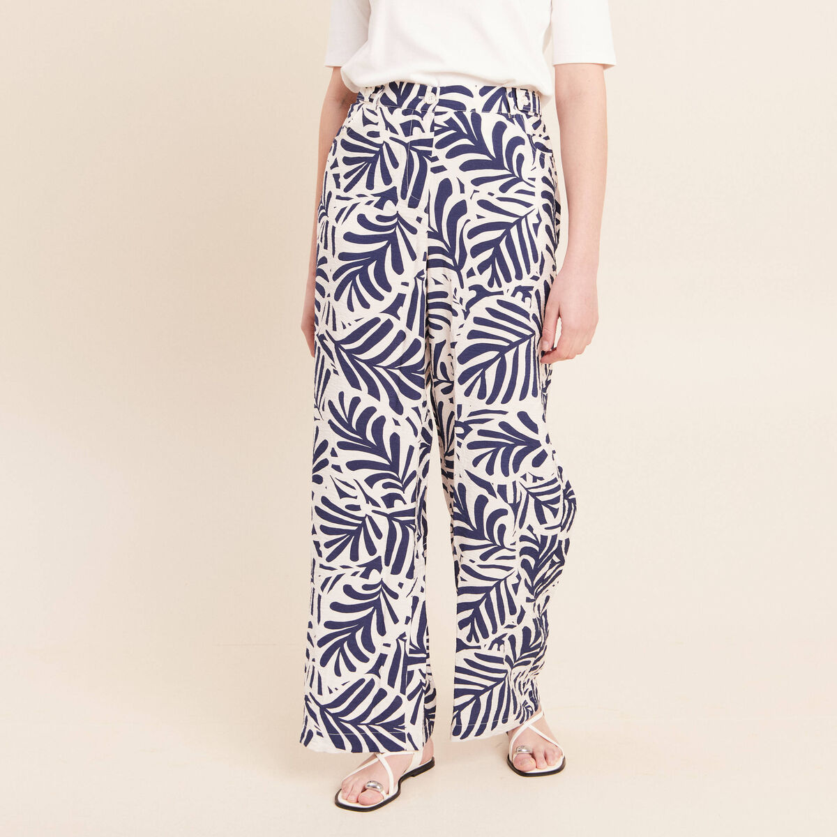 Pantalon fluide taille haute blanc femme