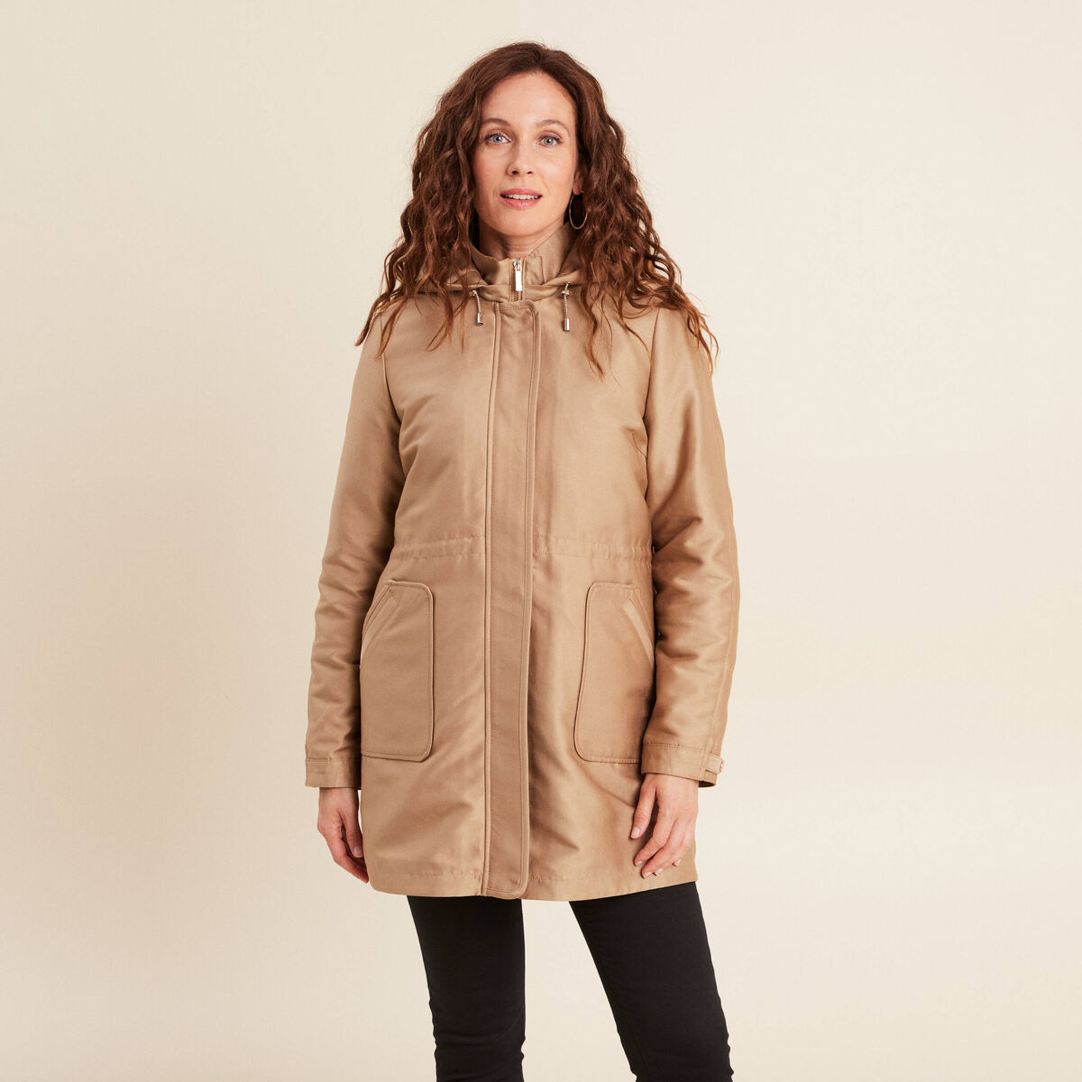 Parka cintr&eacute;e 4 en 1 avec capuche sable femme