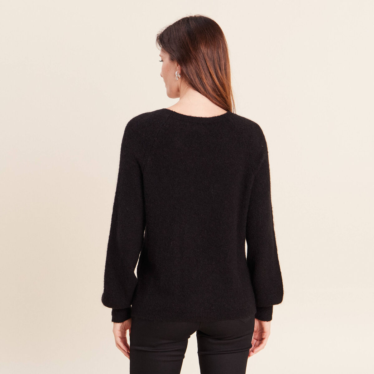Pull col rond manches longues noir femme