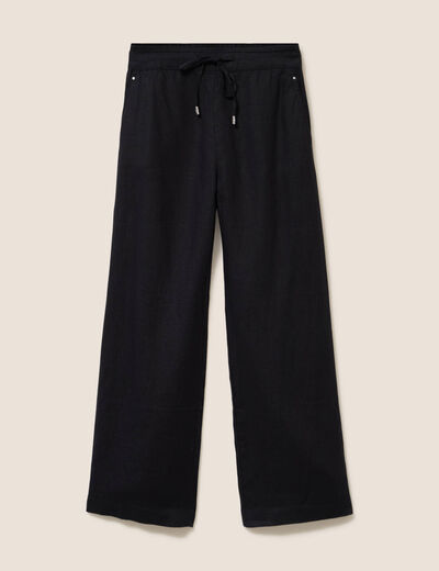 Pantalon large taille haute aspect lin noir femme