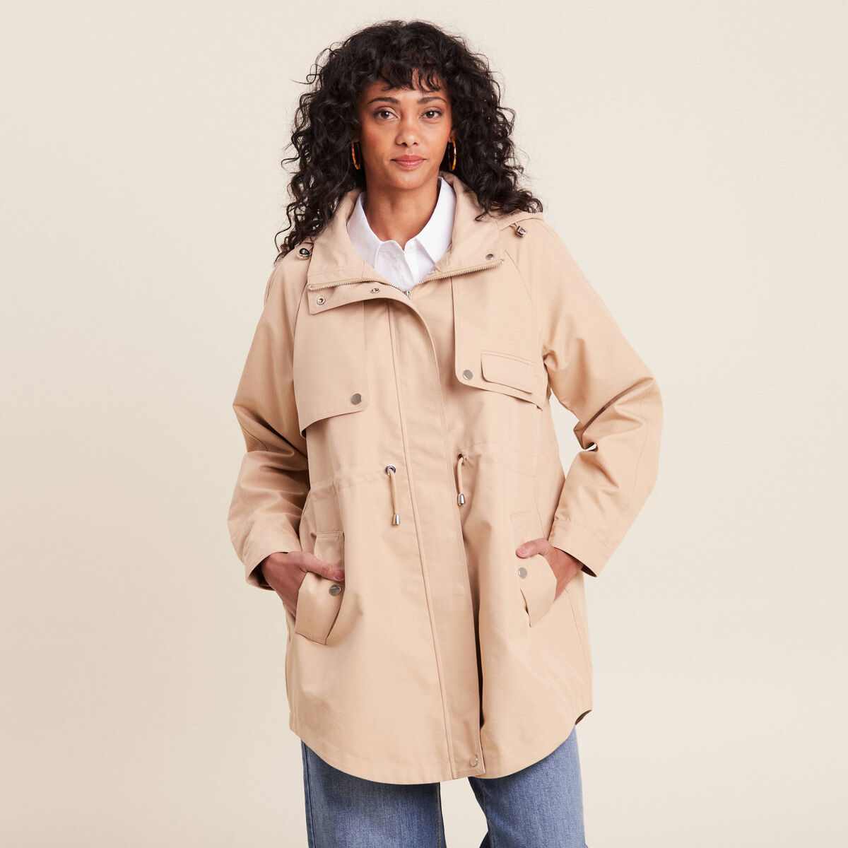 Parka d&eacute;perlante cintr&eacute;e &agrave; capuche beige femme