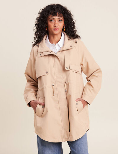 Parka déperlante cintrée à capuche beige femme