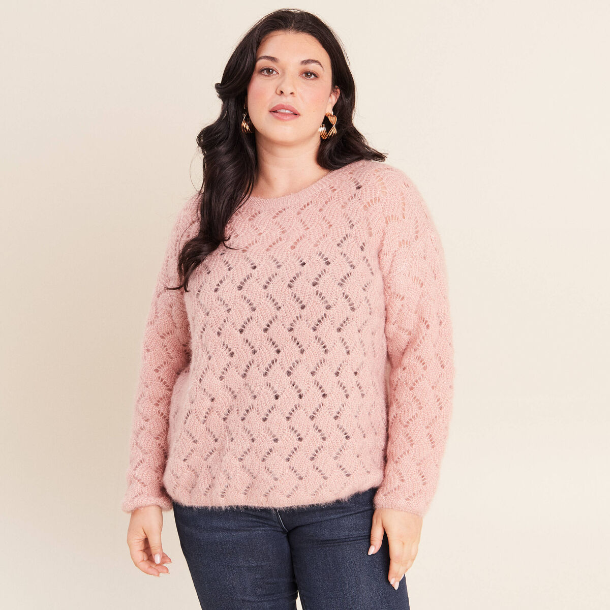 Pull manches longues ajour&eacute; vieux rose femme