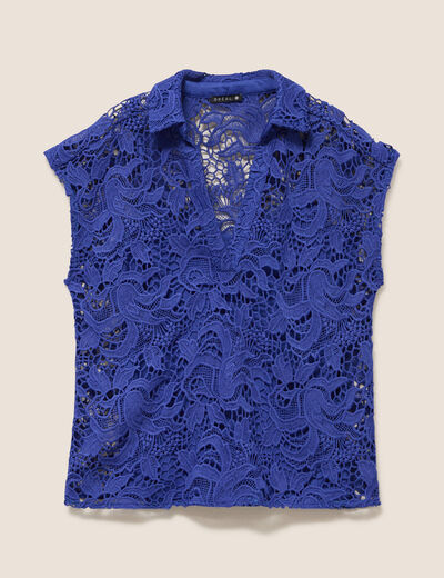 Blouse manches courtes aspect dentelle bleu fonc&eacute; femme