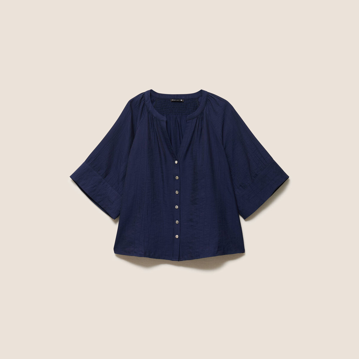 Blouse ample col v manches 3/4 bleu marine femme