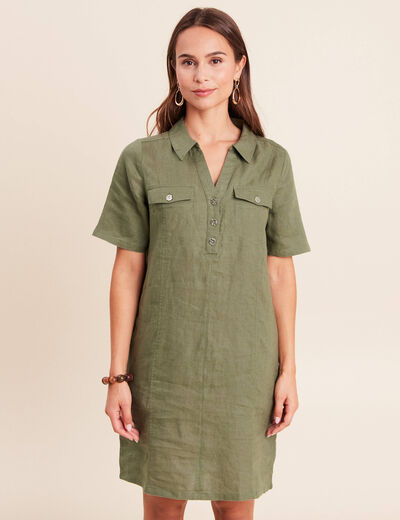 Robe droite courte col chemise vert kaki femme