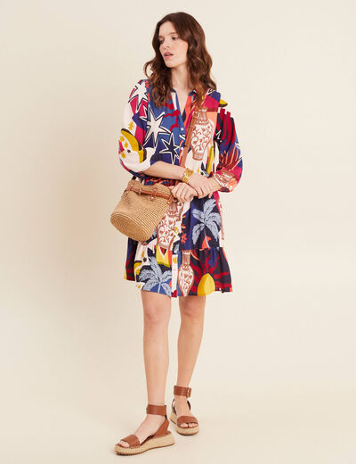 Robe courte évasée manches 3/4 bleu femme