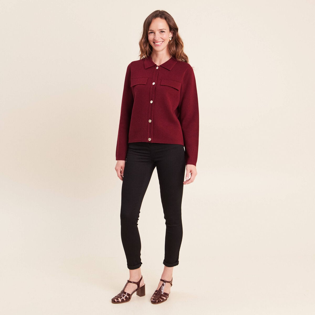 Gilet col chemise manches longues bordeaux femme