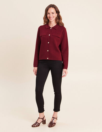 Gilet col chemise manches longues bordeaux femme