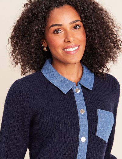 Veste col chemise manches longues bleu fonc&eacute; femme
