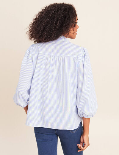 Chemise col montant manches 3/4 bleu femme