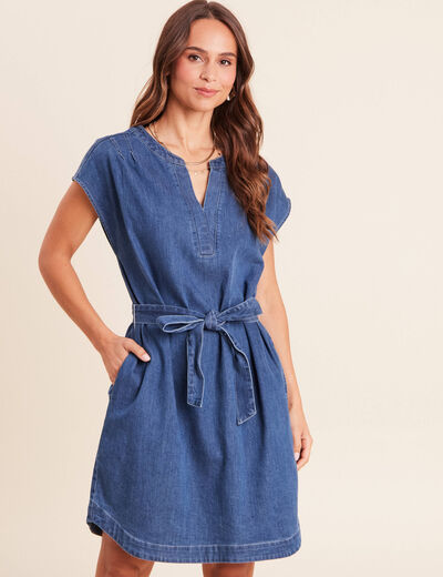 Robe droite courte manches tr&egrave;s courtes denim double stone femme