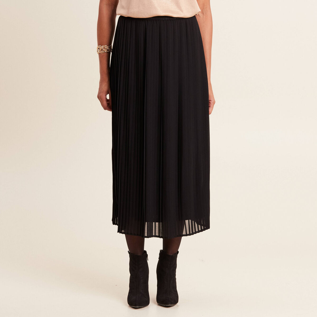 Jupe longue évasée plissée noir femme
