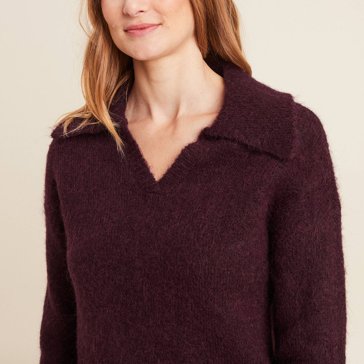 Pull manches longues col polo bordeaux femme