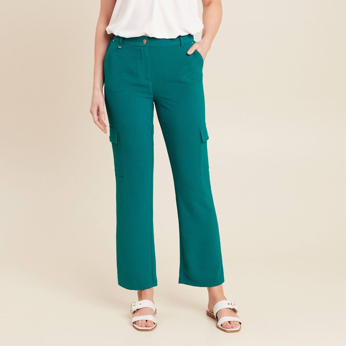 Pantalon flou cargo 7/8&egrave;me vert femme