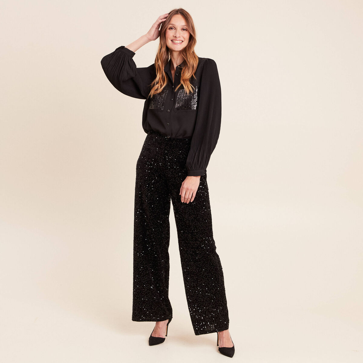 Pantalon &agrave; sequins noir femme