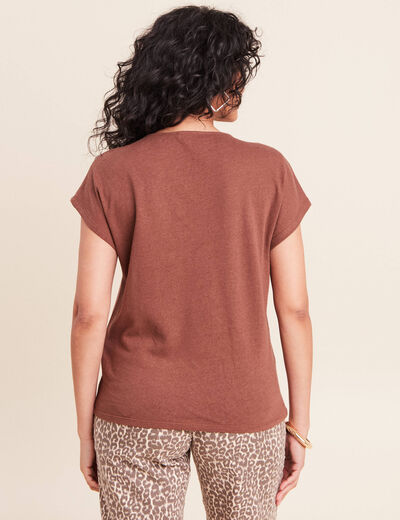 T-shirt col v manches courtes aspect lin marron fonc&eacute; femme