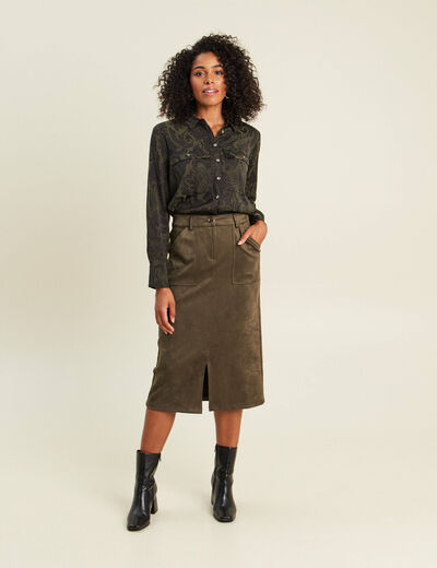 Jupe longue droite su&eacute;dine vert kaki femme