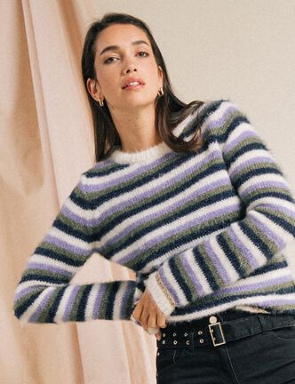 Pull manches longues col rond bleu femme