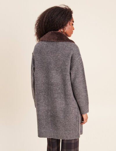 Gilet droit long col chemise gris fonc&eacute; femme