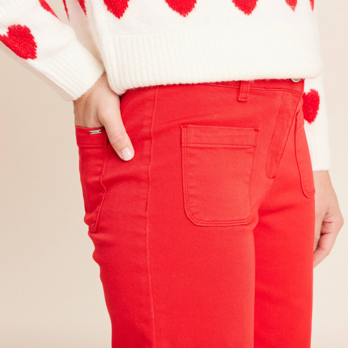 Pantalon droit 7/8&egrave;me taille standard rouge fluo femme