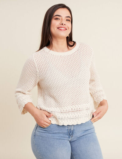 Pull manches 3/4 ajouré ecru femme
