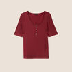 T-shirt cintr&eacute; col v manches coudes bordeaux femme