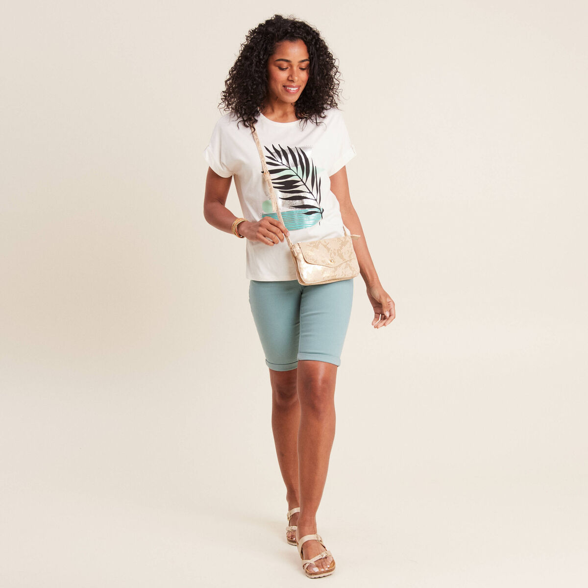 Bermuda ajusté ceinturé bleu canard femme