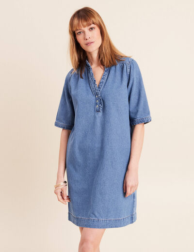 Robe courte &eacute;vas&eacute;e jean col montant denim double stone femme