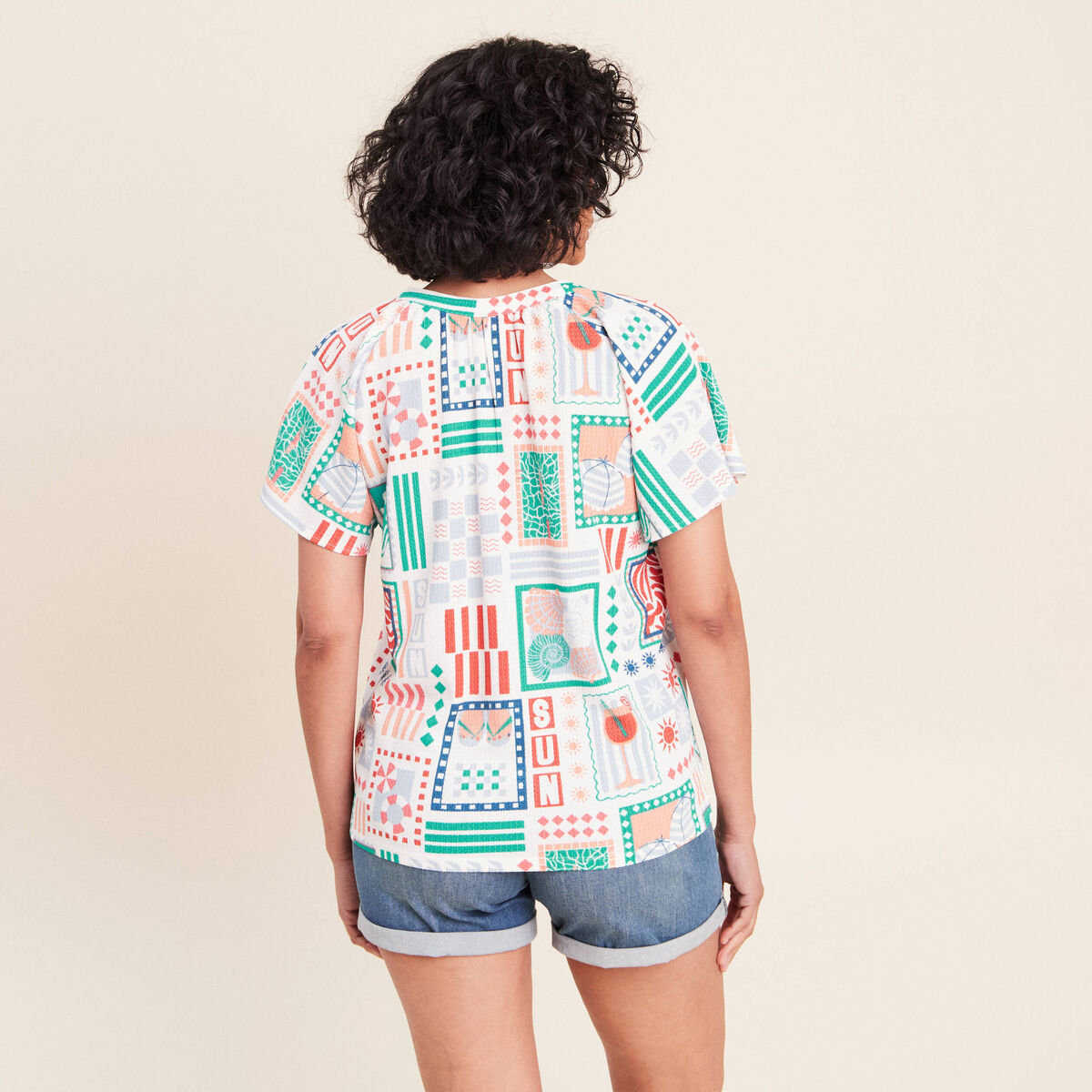 Blouse col tunisien manches courtes bleu femme